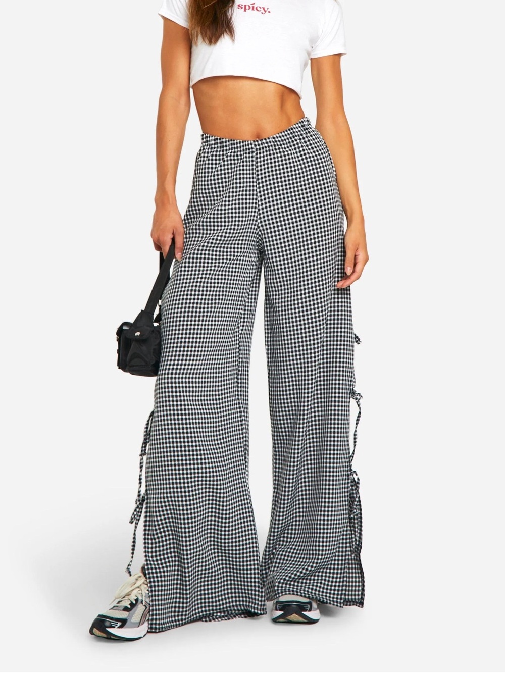 405. Cali 1850 Black & White Gingham Wide-Leg Pants with Ties